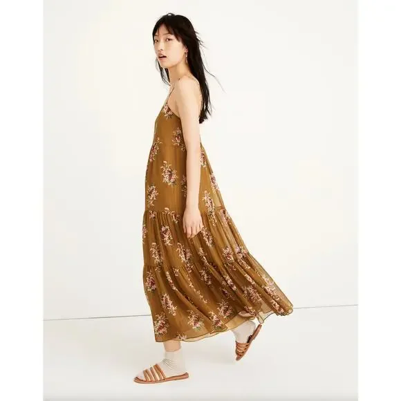MADEWELL Cami Tier Midi Dress Metallic Classic Floral Olive Green Sz 8 {S53}